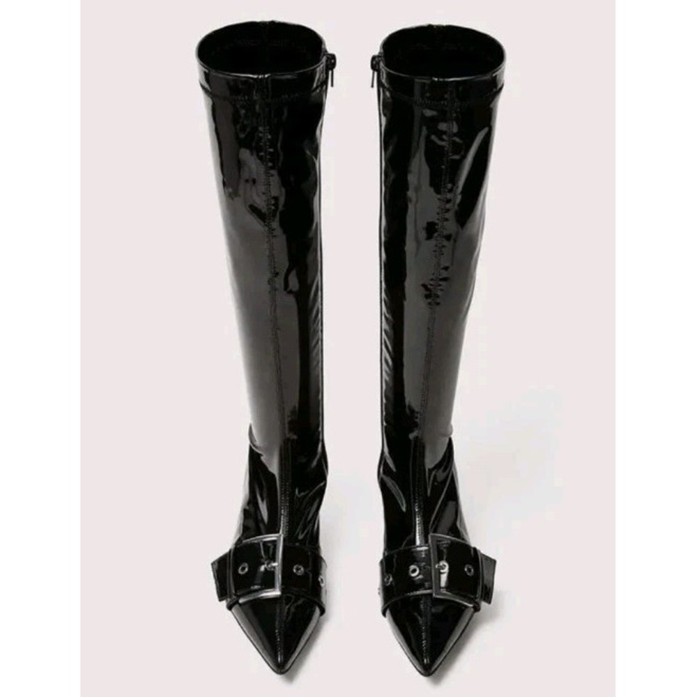 We Wore What Knee High Buckle W8 Black Patent Leather Pointed Toe NWB Dust Bag